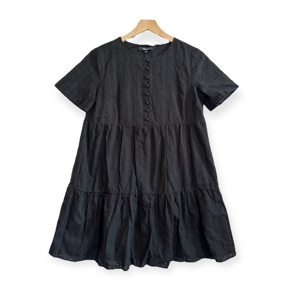 NWT Madewell Eyelet Button-Front Tiered Mini‎ Dress XSP, Black - Picture 2 of 13